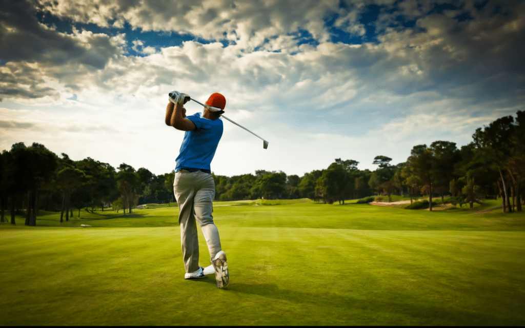 A golfer in mid-swing on a bright, well-maintained golf course.